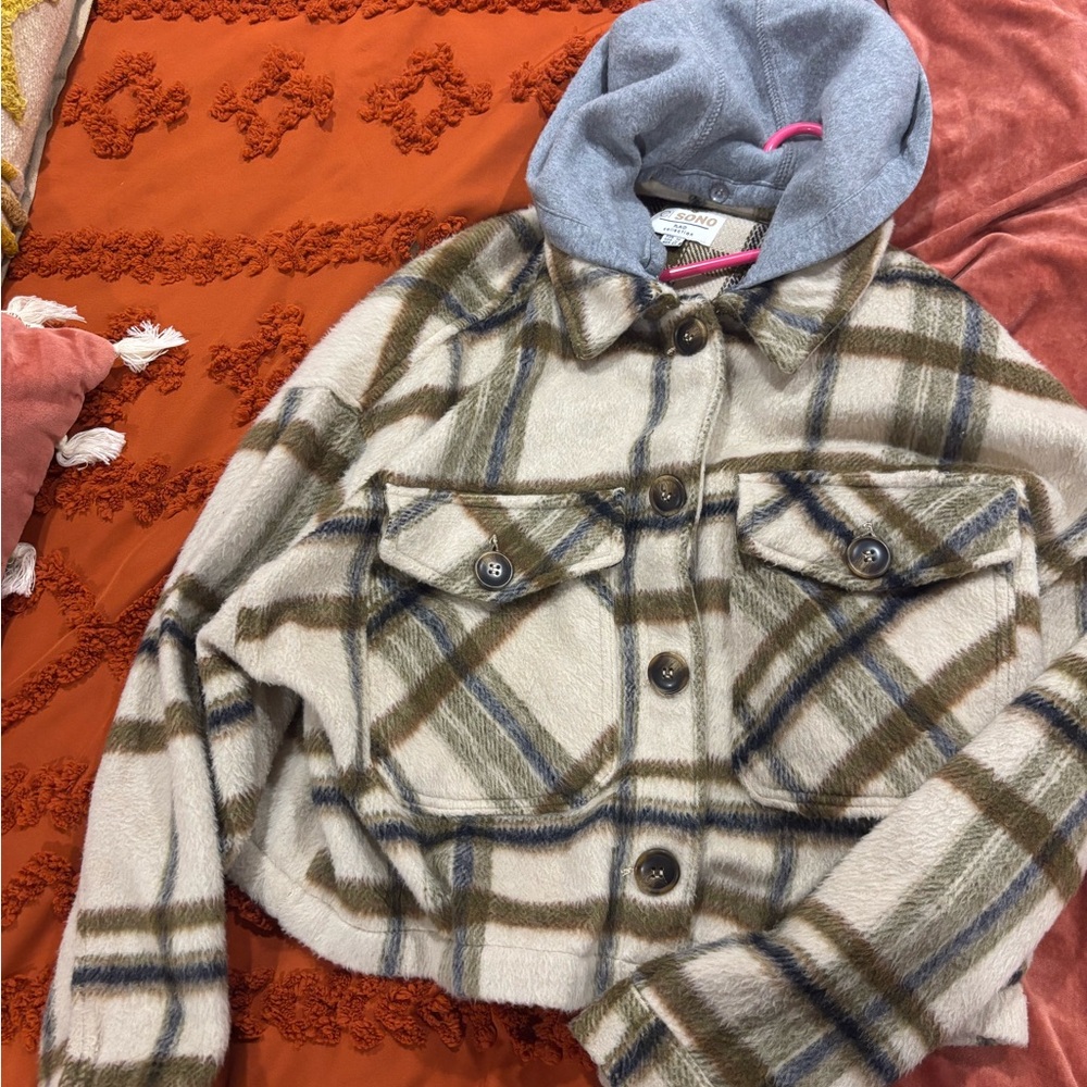 Ci Sono Plaid Jean Jacket with Gray Hood